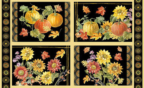 This fabric panel features four place mat-sized panel blocks with pumpkins, fall leaves, flowers or a mix of all. 