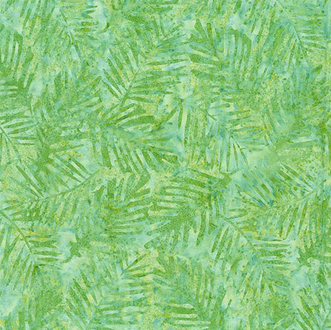 This batik tonal fabric features palm fronds on a green background Cotton Fabric