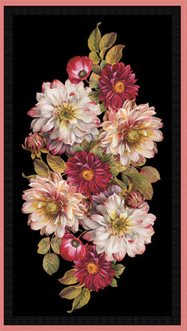 This fabric panel features an elegant cluster of red and white roses on a black background.