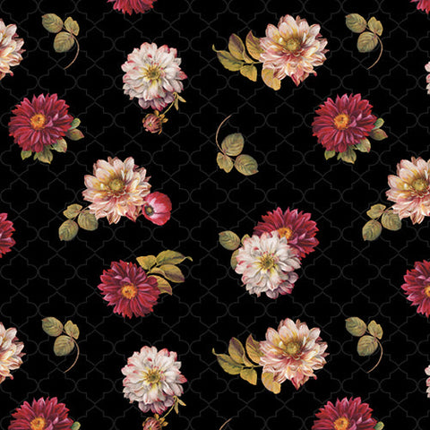 This cotton fabric features red and white flowers on a black background. Available at Colorado Creations Quilting