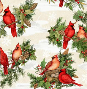 This cotton fabric features majestic red cardinals are perched on evergreen boughs laced with holly on a cream background. It's sure to please all the birdwatchers and nature lovers. Available at Colorado Creations Quilting