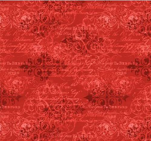 This elegant red tonal fabric features red words and scroll work. Available at Colorado Creations Quilting