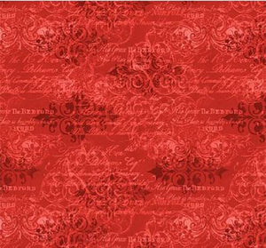 This elegant red tonal fabric features red words and scroll work. Available at Colorado Creations Quilting