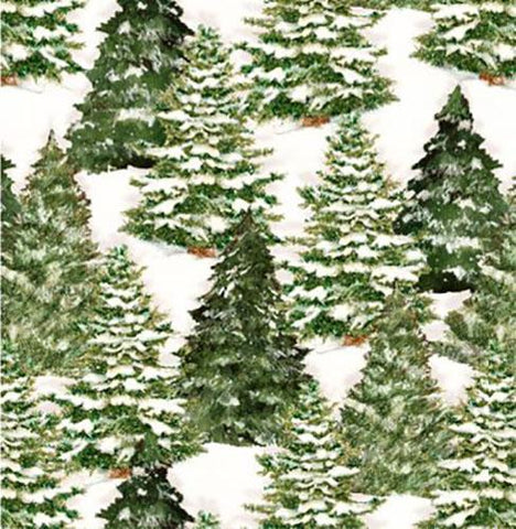 This cotton fabric features snow-covered fir trees on a cream background. Available at Colorado Creations Quilting