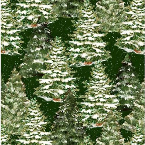This cotton fabric features snow-covered fir trees on a green background. Available at Colorado Creations Quilting