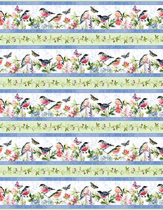 This striped fabric features birds and butterflies along with garden flowers.  It's a great coordinate for the panel.  Part of the Among the Branches collection by Wilmington Prints.