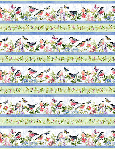 This striped fabric features birds and butterflies along with garden flowers.  It's a great coordinate for the panel.  Part of the Among the Branches collection by Wilmington Prints.