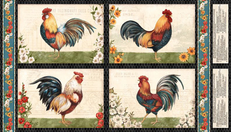 This fabric panel features four place mat-sized blocks complete with directions. Different looking roosters on cream