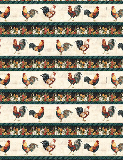 This cotton fabric features colorful roosters on a cream background and bordered on each side with black and more! 