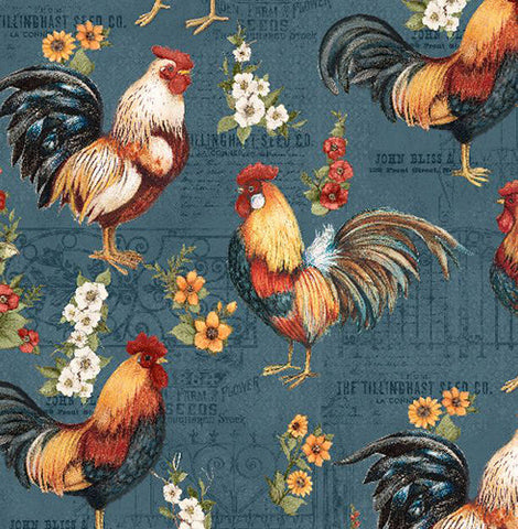 This cotton fabric features colorful roosters on a blue background 
