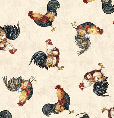 This cotton fabric features colorful roosters on a cream background 
