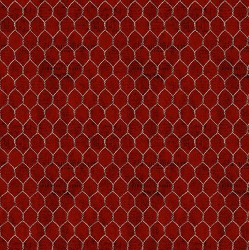 This cotton fabric features chicken wire on red