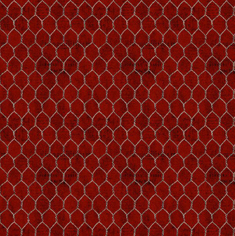 This cotton fabric features chicken wire on red