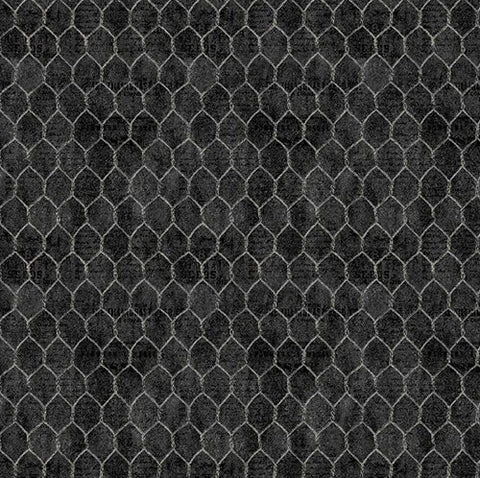 This cotton fabric features chicken wire on black
