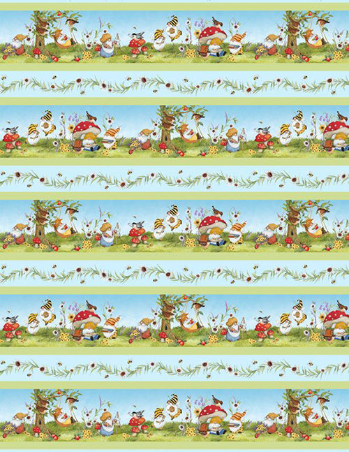 This border striped cotton fabric features darling little gnomes buzzing with bees, sitting under mushroom houses and swinging with birds.
