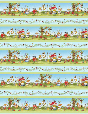 This border striped cotton fabric features darling little gnomes buzzing with bees, sitting under mushroom houses and swinging with birds.