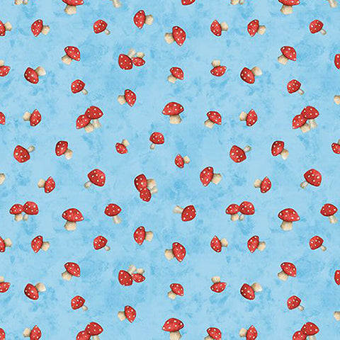 This cotton fabric features darling little re-topped mushrooms on a blue background.  Available at Colorado Creations Quilting