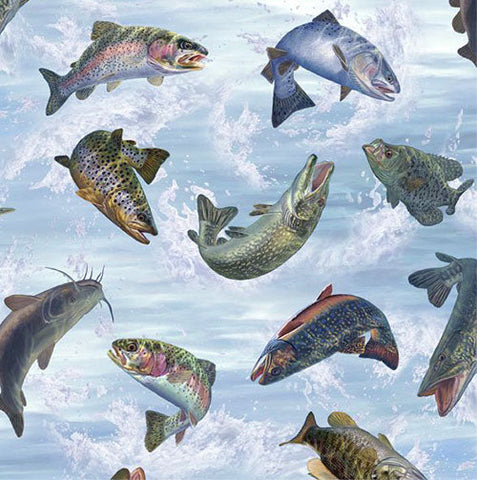 This cotton fabric features trout, cat fish, bass and more on a blue background
