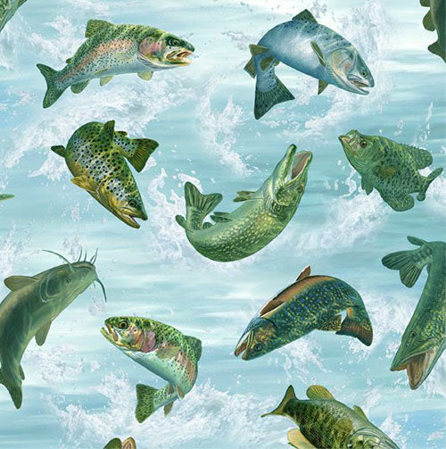 This cotton fabric features trout, cat fish, bass and more on a turquoise background