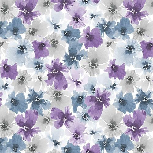 Quilting fabric featuring flower heads of blue, purple and gray are featured in the collection Awekenings  by Wilmington Prints.Please NOTE that with any 2 yards of the Awakenings collection purchased (in any combination), you'll receive the Awakenings pattern FREE. 