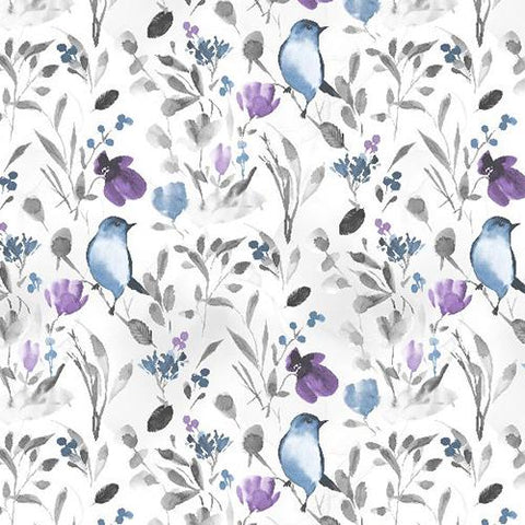 Quilting fabric from the Awekenings collection by Wilmington Prints features little birds and flowers in blue and purple pastels on a white background. Please NOTE that with any 2 yards of the Awakenings collection purchased (in any combination), you'll receive the Awakenings pattern FREE. 
