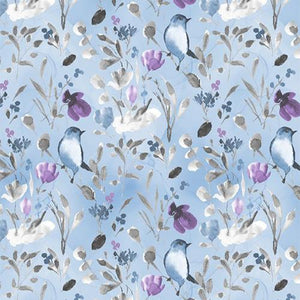 Quilting fabric in the  Awekenings collection by Wilmington Prints features little birds and flowers in blue and purple pastels on a blue background. Please NOTE that with any 2 yards of the Awakenings collection purchased (in any combination), you'll receive the Awakenings pattern FREE. 