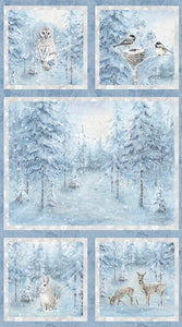 This fabric panel features five blocks. The largest approximately 18" x 23" features snow-covered evergreen trees in blue tones.  The other four blocks are approximately 11" square and each features a different scene- snowy owl, rabbit, deer and chickadees.