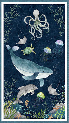 This fabric quilt panel features whales, jellyfish, octopus, sea turtles and other ocean sealife among the coral.