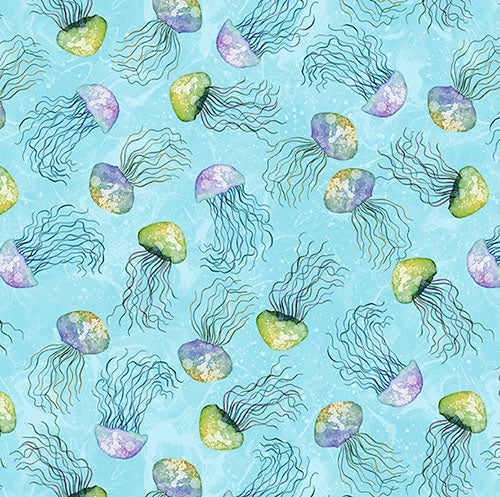This cotton fabric featuring swimming jelly fish on a  light blue background