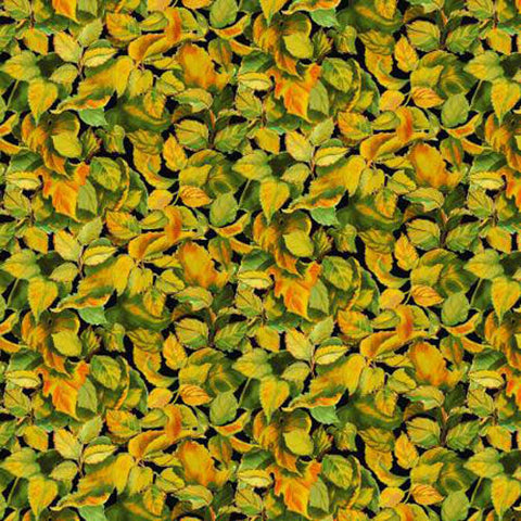 This cotton fabric features small leaves which are turning from green to rich yellow and orange.