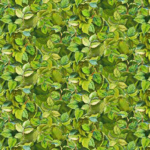 This cotton fabric features small green leaves